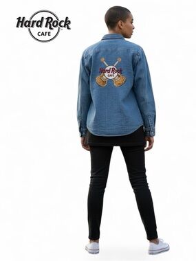 Hard Rock Cafe Baltimore Denim Button Down Shirt w/ Double Guitar Embroidery